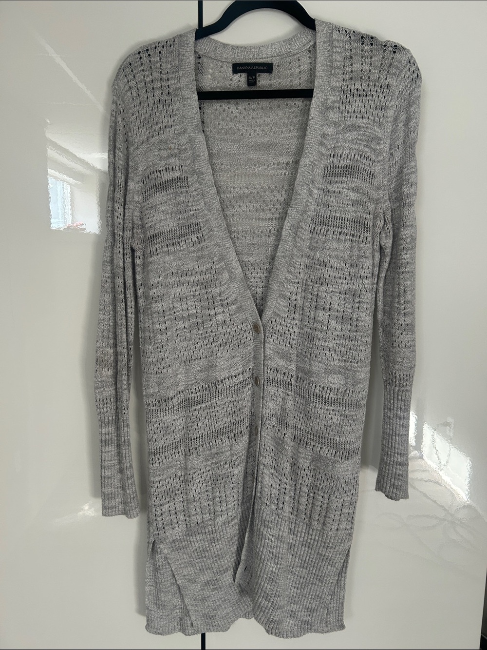 Banana Republic Heather Gray Open-Knit Long Cardigan
